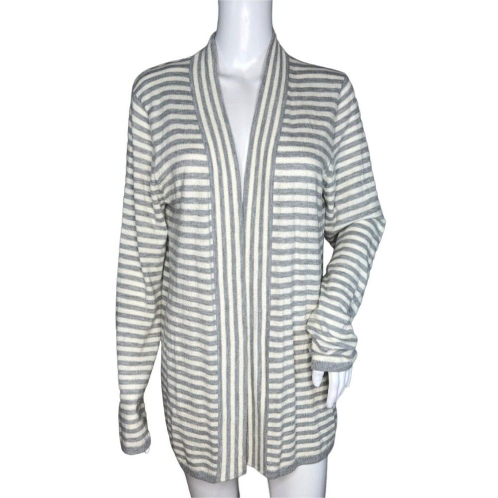 Talbots Sweater Womens Medium Gray White Stripe Cardigan Lambswool Blend Cozy